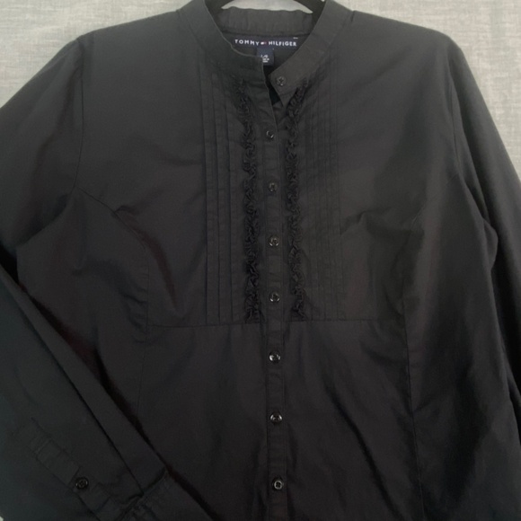 Tommy Hilfiger Top Womens Large Black Button Up Dress Shirt Ruffled Yoke - Picture 3 of 10